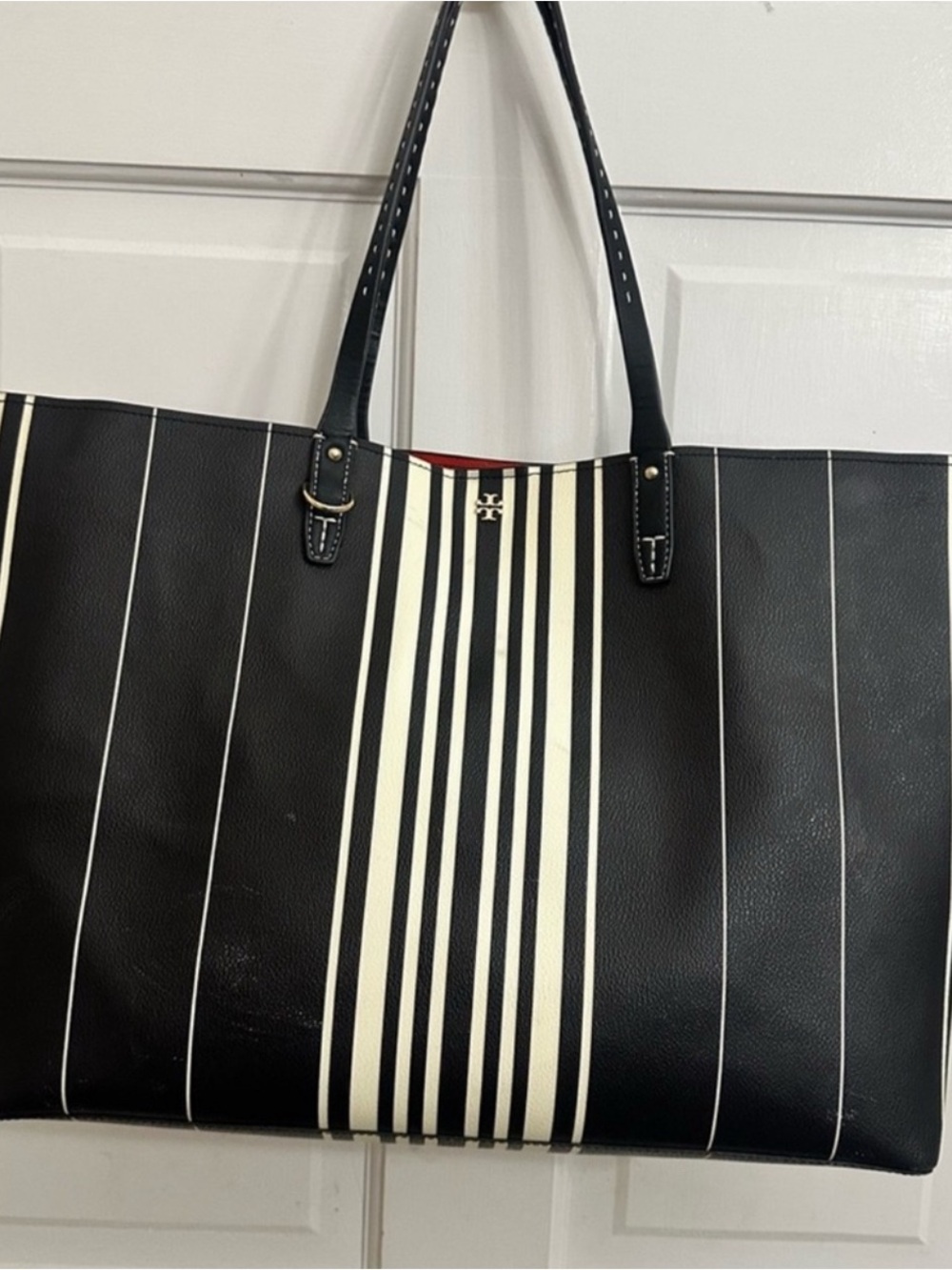 Tory Burch Kerrington Black & White Striped Square Tote - Picture 9 of 16